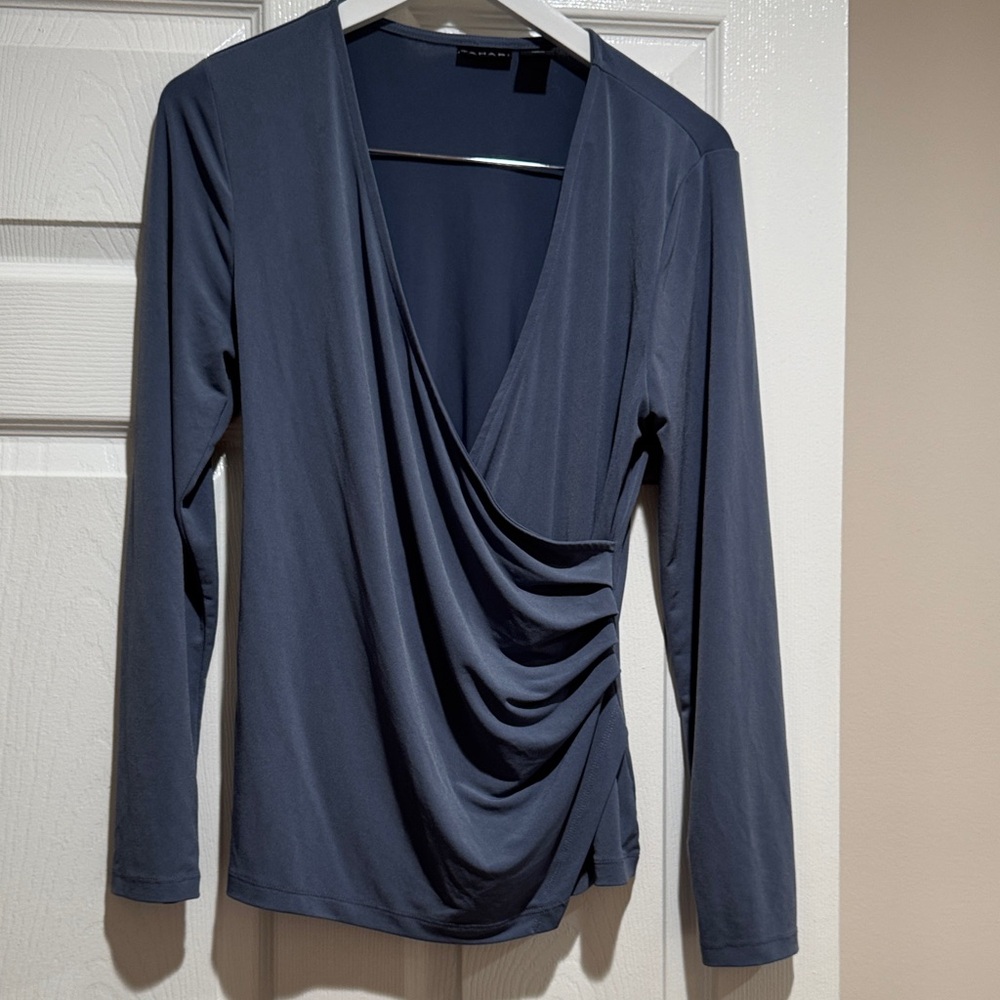Tahari Woman Blue Wedgewood Draped V-Neck Long Sleeve Top Size Large